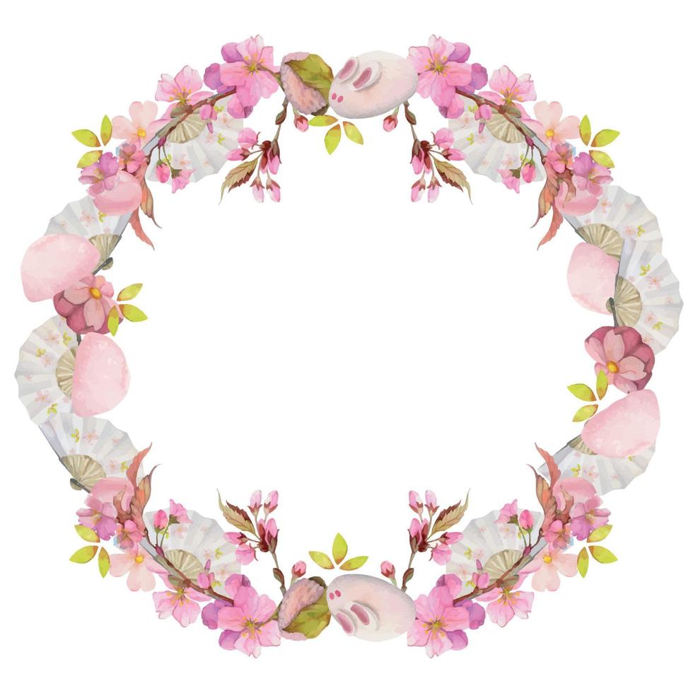 aquarell handgezeichnete traditionelle japanische süßigkeiten. Kreiskranz aus Frühling Wagashi, Sakura-Blüte isoliert auf weißem Hintergrund. design für einladungen, restaurantmenü, grußkarten, druck, textil vektor
