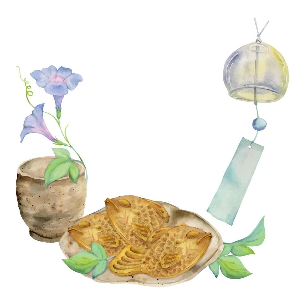 vattenfärg hand dragen traditionell japansk sötsaker. keramisk maträtt, taiyaki, sommar blommor och vindspel. isolerat på vit bakgrund. för inbjudningar, restaurang meny, hälsning kort, skriva ut, textil- vektor