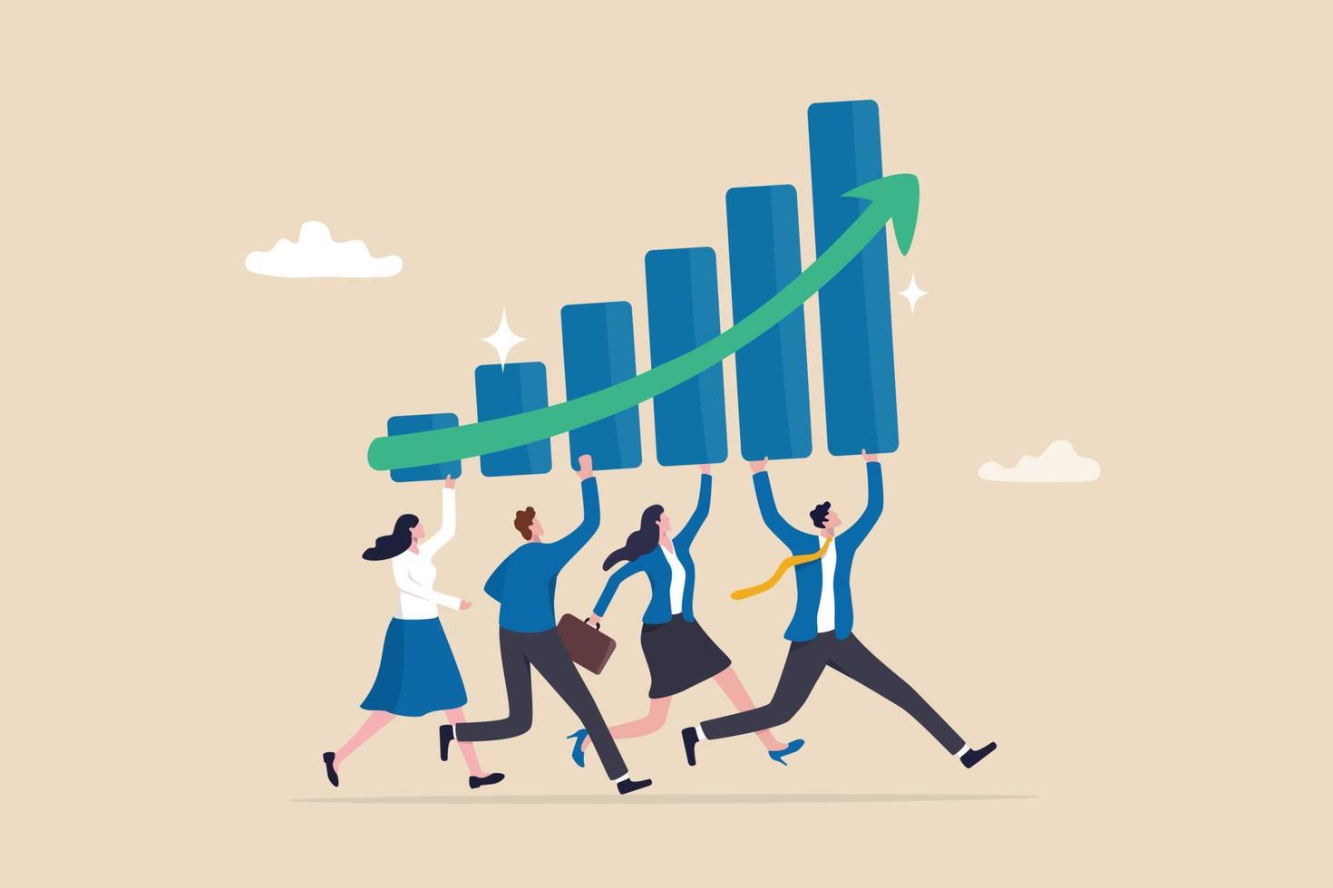 Geschäft Wachstum, Verbesserung oder Fortschritt zu Erfolg, Mannschaft Planung und Strategie zu leisten Erfolg, wachsend oder Fortschritt Konzept, Geschäft Menschen Angestellte Hilfe Tragen wachsend Graph zusammen. vektor