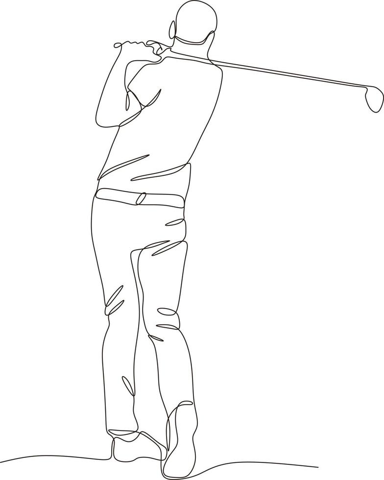 ett linje teckning av ung golf spelare svängande golf klubb och slå boll. koppla av sport begrepp. turnering befordran design vektor grafisk illustration