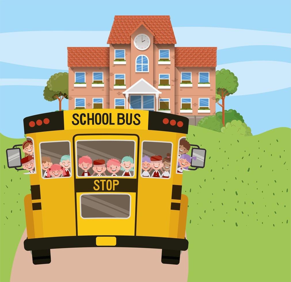 skolbyggnad och buss med barn i vägscenen vektor