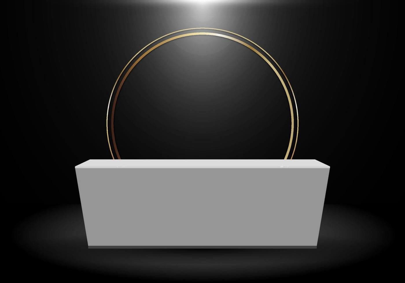 3D-Rendering realistischer schwarzer Produktregal stehender Hintergrund mit Goldkreis leer leere weiße Sockelpodestanzeige auf dunklem Hintergrund vektor