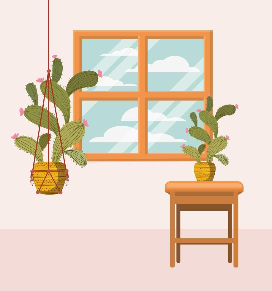 Zimmerpflanze im Makramee-Kleiderbügel am Fenster vektor