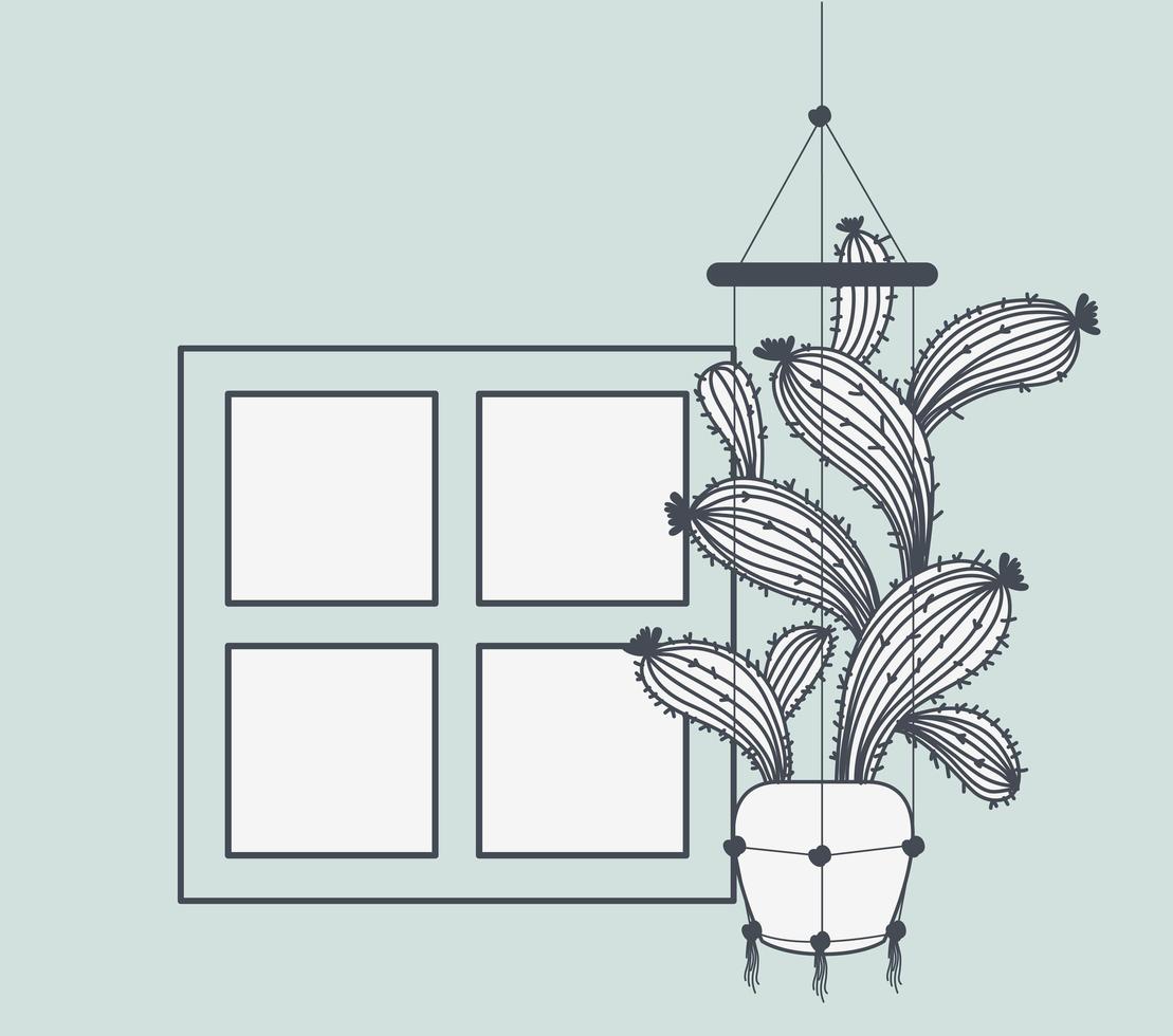 Zimmerpflanze im Makramee-Kleiderbügel am Fenster vektor
