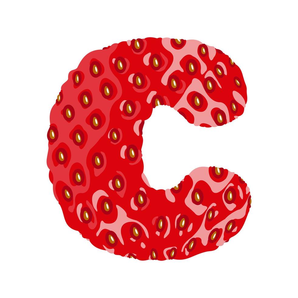 jordgubb font. brev c. alfabetisk karaktär med jordgubb textur. karaktär representerar ett eller Mer av de ljud Begagnade i Tal. dekorativ frukt font. vektor illustration.