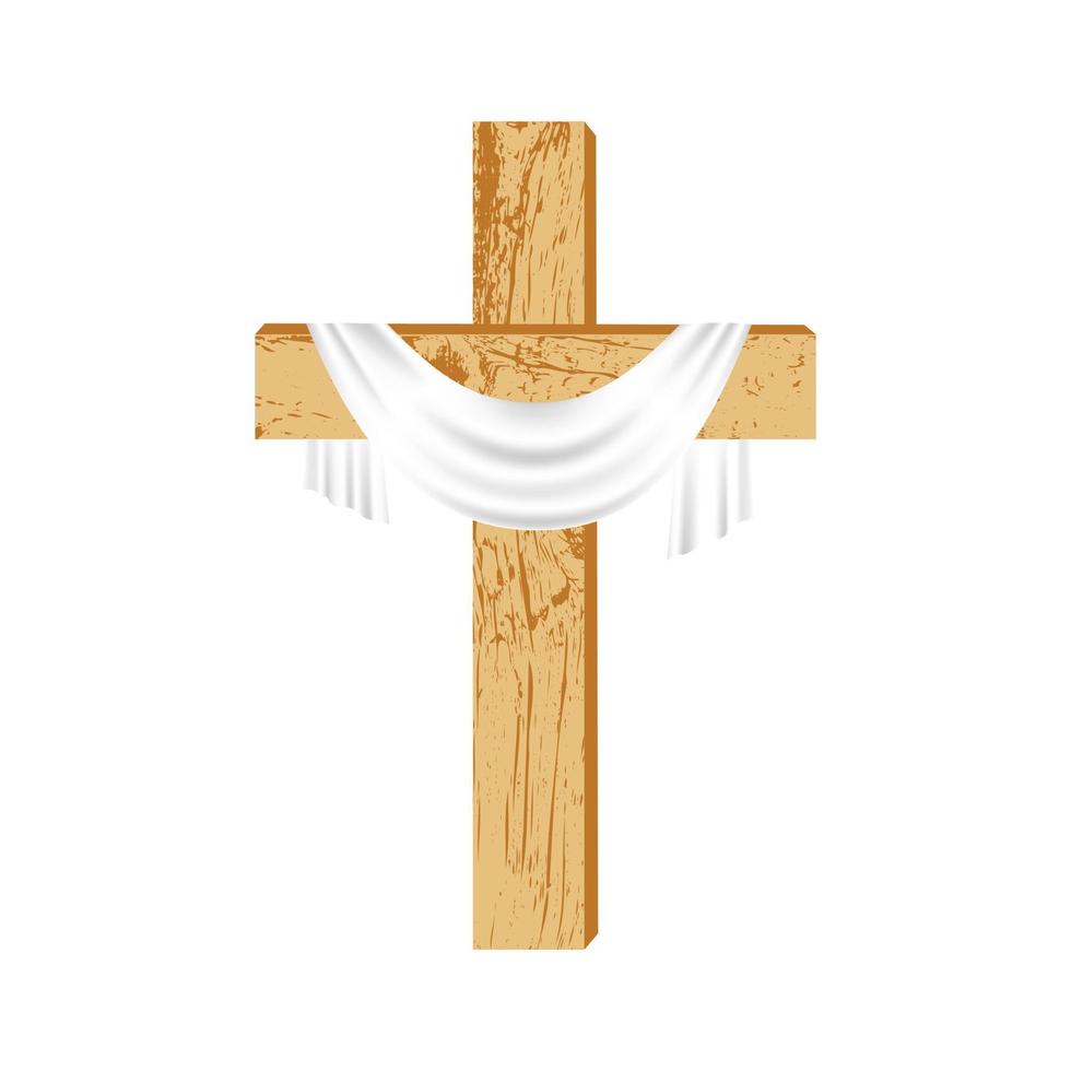 hölzern Christian Kreuz. einfach Kreuz gemacht von Holz mit ein Weiß Leichentuch, Stoff auf ein Weiß Hintergrund. Design Element zum Ostern, Palme Sonntag, Auferstehung von Christus. Vektor Illustration.