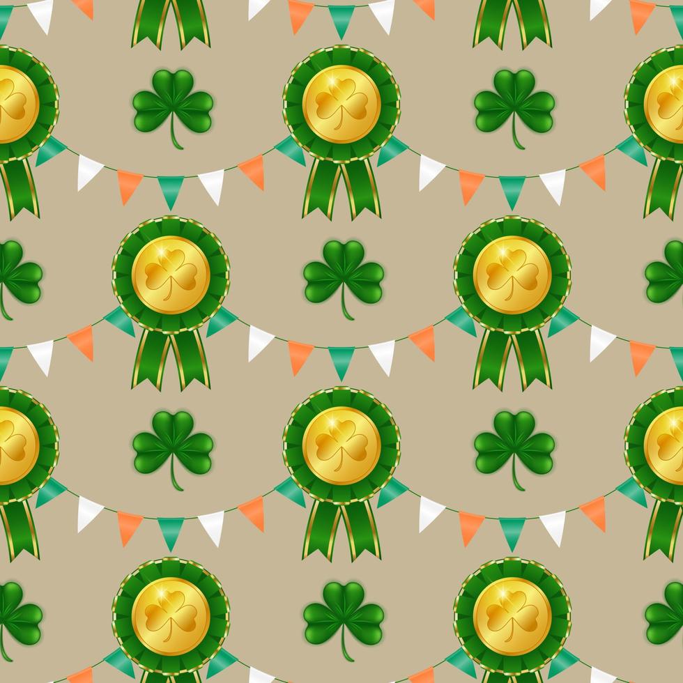 feiern st. Patrick's Tag mit diese nahtlos Muster mit ein Girlande von irisch Flaggen-inspiriert Dreiecke, Kleeblätter, und ein golden vergeben. perfekt zum Tapeten, Stoffe, und Verpackung Papier. Vektor. vektor