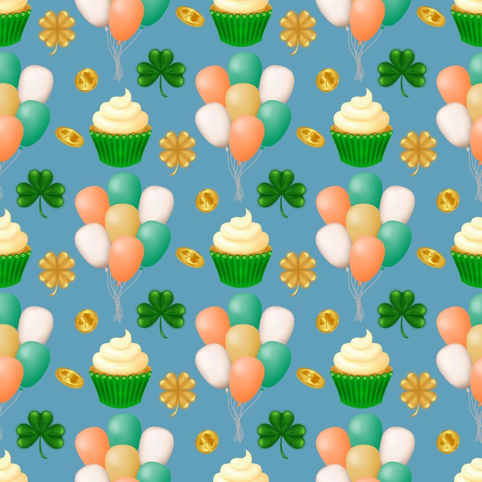 feiern st. Patrick's Tag im Stil mit unser nahtlos Muster mit Luftballons, Kleeblatt Blätter, Gold Münzen, ein golden Kleeblatt, und ein köstlich Cupcake mit ausgepeitscht Sahne auf ein Blau Hintergrund. Vektor