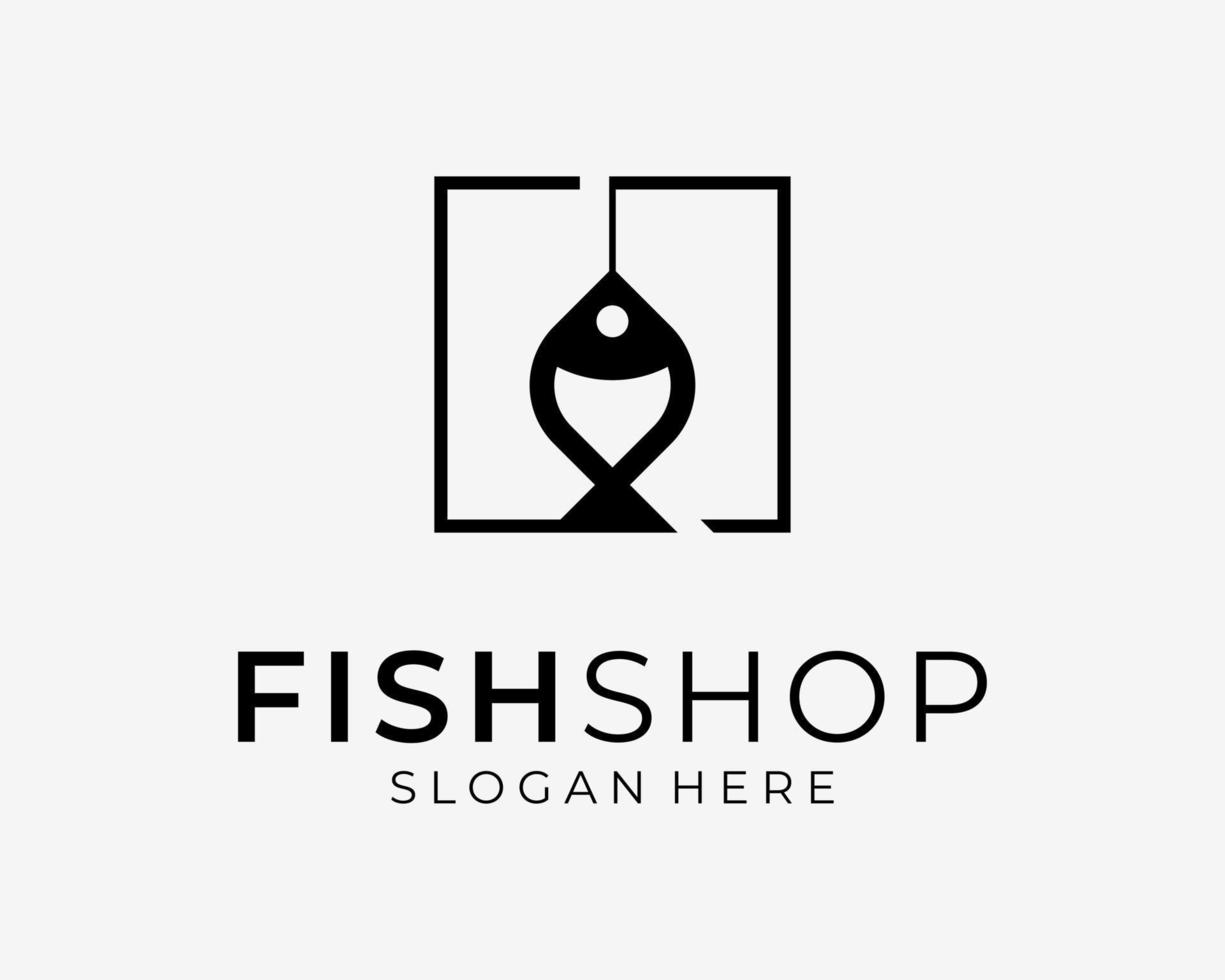 fisk mat fiske skaldjur färsk affär Lagra fyrkant gräns platt linje minimal ikon vektor logotyp design