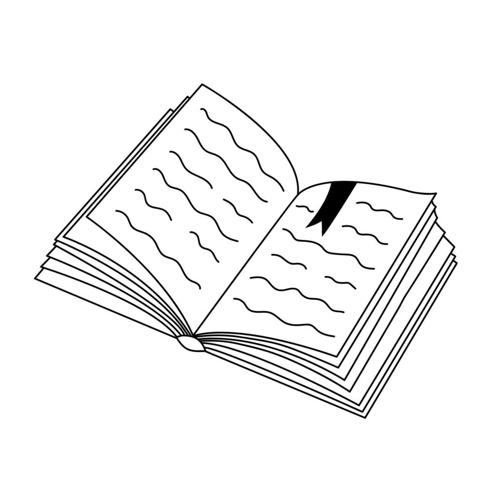 öppen bok med en bokmärke. hand dragen illustration i klotter stil. vektor