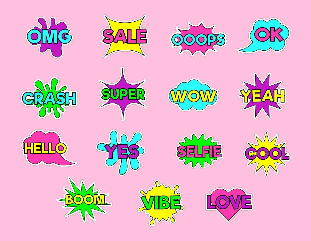 komisk Tal bubblor klistermärke bunt. söt komisk ord i bom Tal bubblor. tecknad serie pop- konst märken. vektor