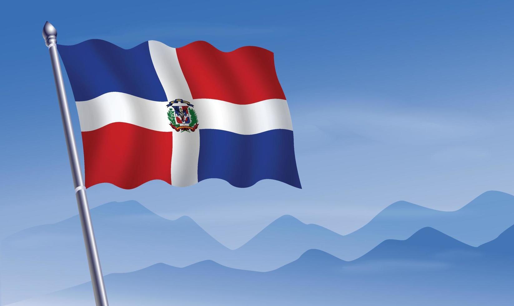 Dominikanska republik flagga med bakgrund av bergen och himmel vektor