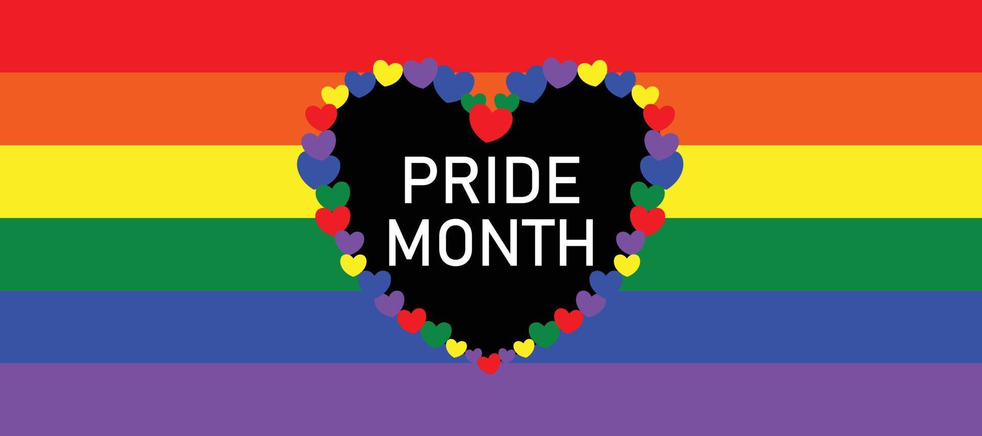 vektor regnbåge flagga av de HBTQ gemenskap. HBTQ symbol i regnbåge färger. hjärta formad tillverkad av hjärtan, med element av stolthet. inskrift stolthet månad