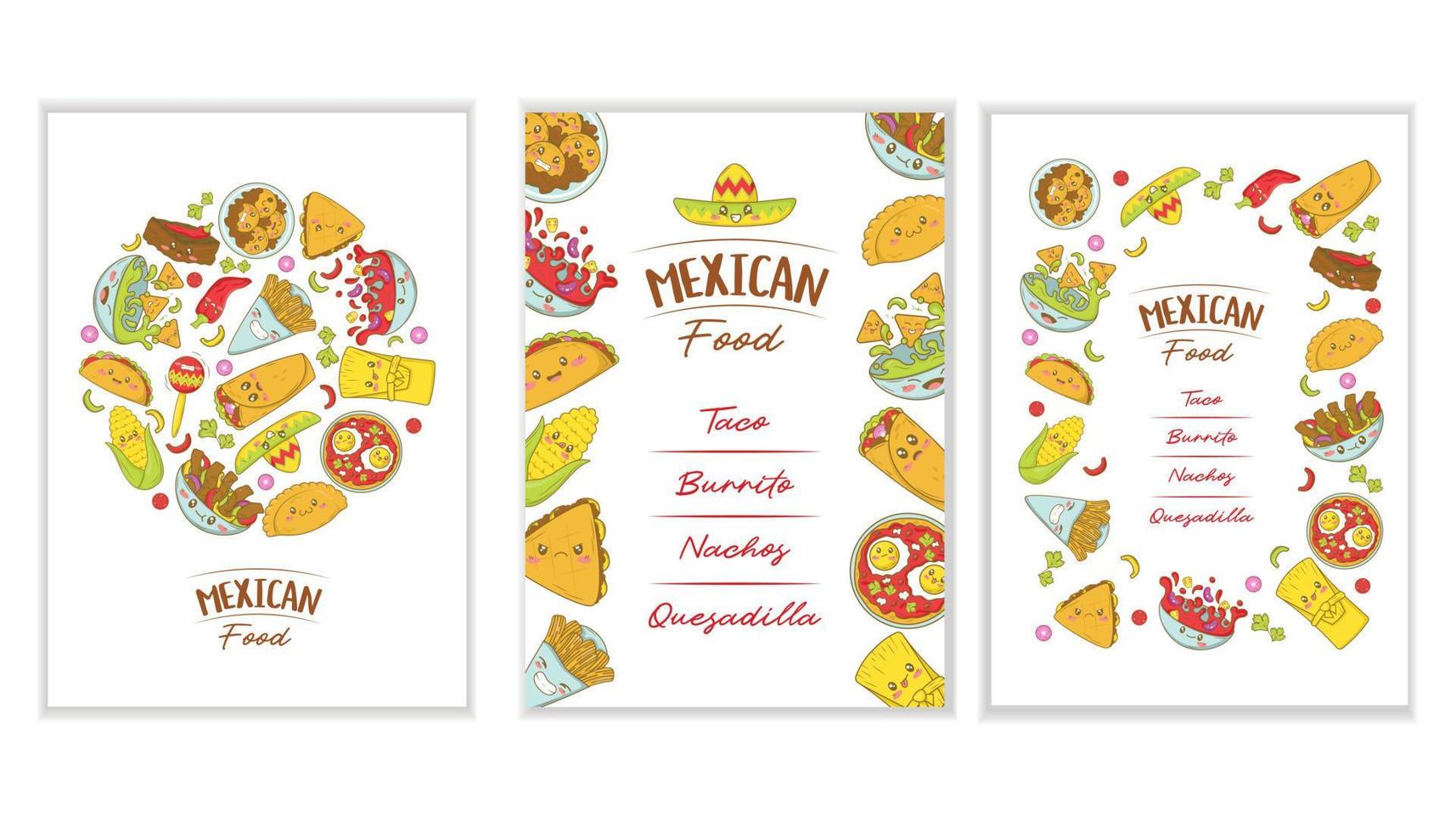 einstellen von Mexikaner schnell Essen Speisekarte Vorlage mit kawaii Essen im Karikatur Gekritzel Stil Poster zum Essen Messe und fisteval vektor