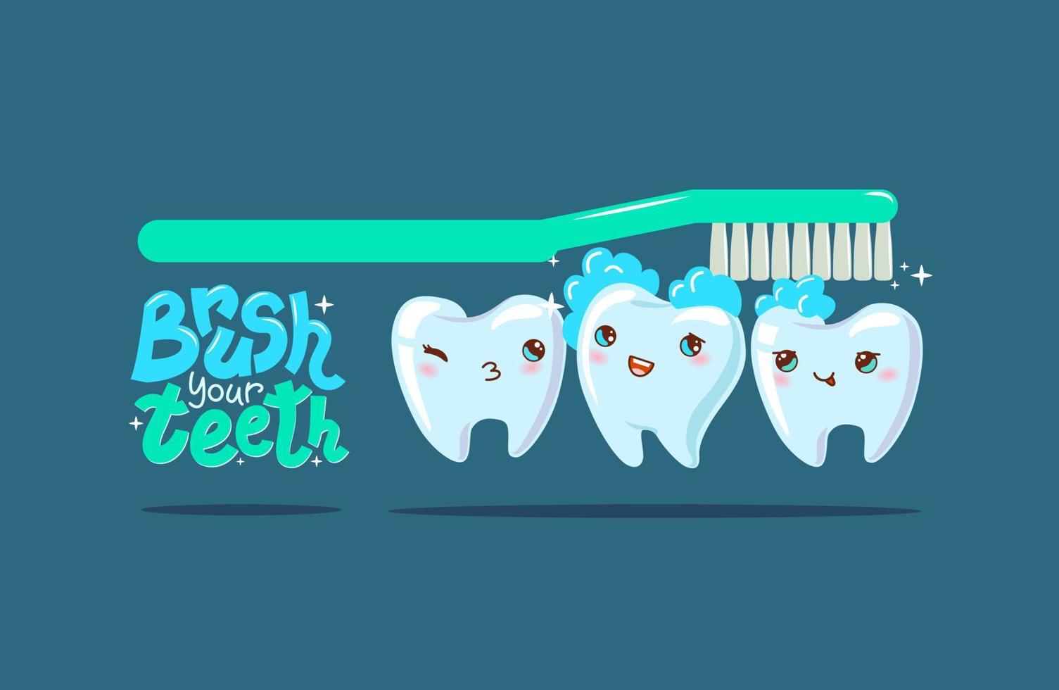 das Konzept von Dental Pflege. sauber Zähne und ein Zahnbürste auf ein Blau Hintergrund. süß Zähne Charakter. Vektor Illustration. Inschrift - - Bürste Ihre Zähne