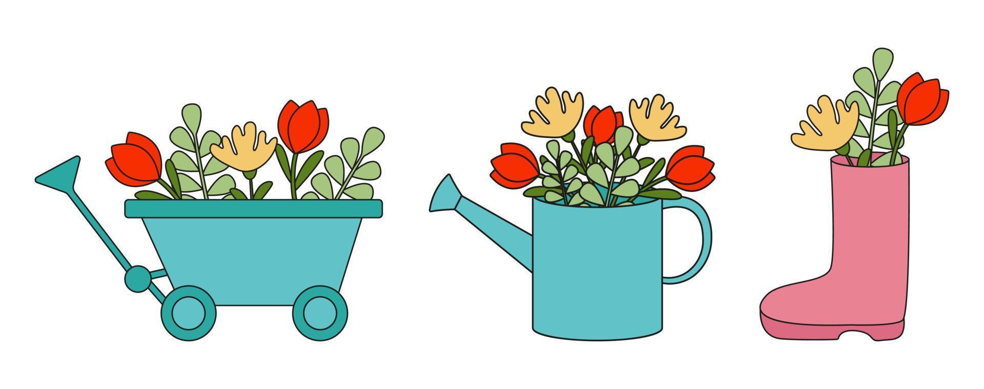 einstellen von Frühling Elemente mit Blumen. Garten Wagen, Bewässerung können und Schuh mit Blumen Gemälde im retro Stil vektor