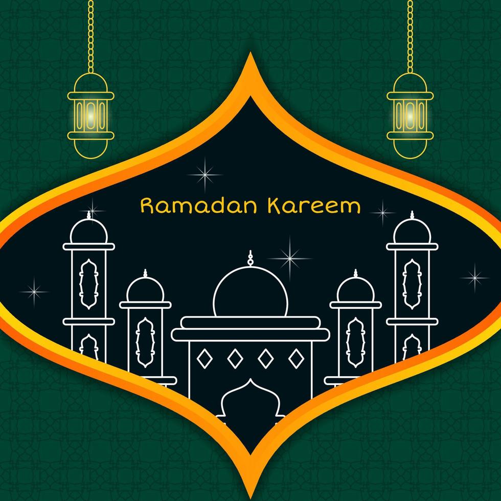 Moschee und Laterne Linie Kunst Design zum Ramadan kareem Gruß Vorlage. minimal und einfach Konzept. Grün, Orange und Weiß vektor
