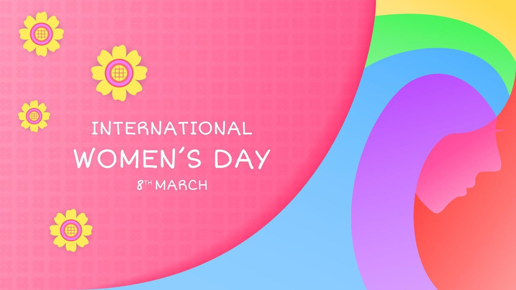 8 Mars kvinnors dag design mall med huvud kvinnor illustration och blommor. gul, grön, blå, lila, rosa och vit. Begagnade för hälsning kort, bakgrund eller baner vektor