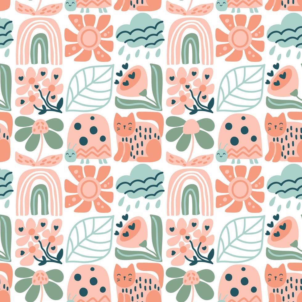 Blumen- nahtlos Muster Frühling mit Hand Zeichnung wild Blumen und Tier. einfach skandinavisch botanisch Design zum Stoffe, Fliese Mosaik, Scrapbooking. Vektor Illustration