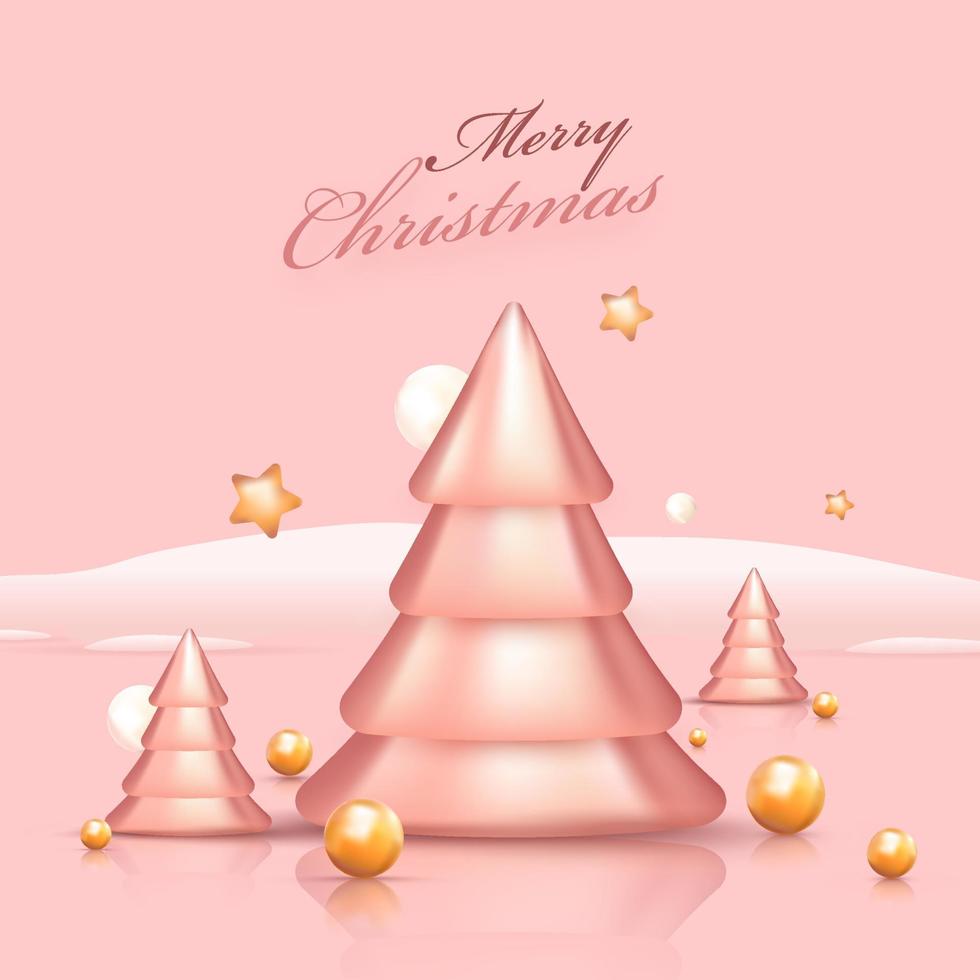 3d glansig xmas träd med gyllene stjärnor, pärlor och snö på pastell rosa bakgrund för glad jul. vektor