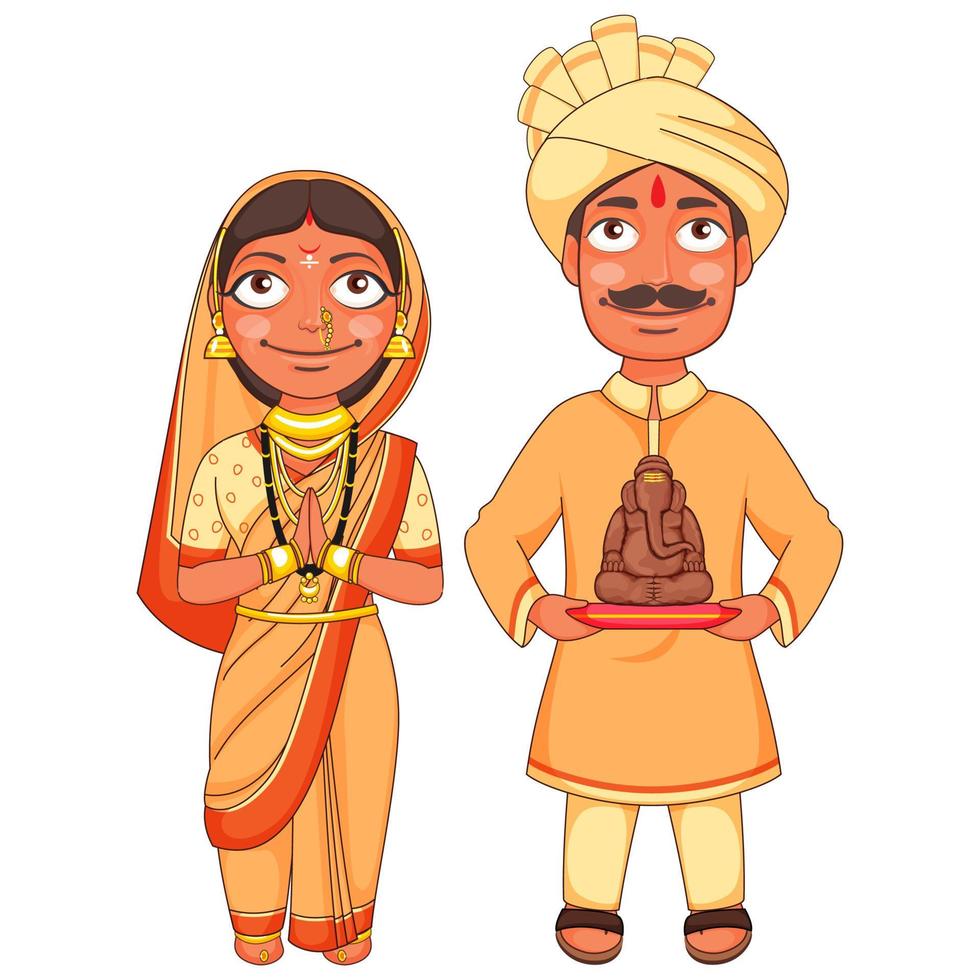 Maharashtrian Paar im traditionell Kleid halten ein klein Statue von Herr Ganesha. vektor