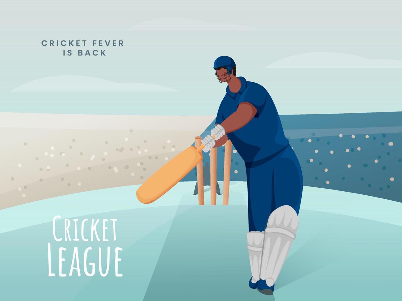 tecknad serie slagman spelare i verkan utgör på abstrakt lekplats för cricket liga feber är tillbaka begrepp. vektor