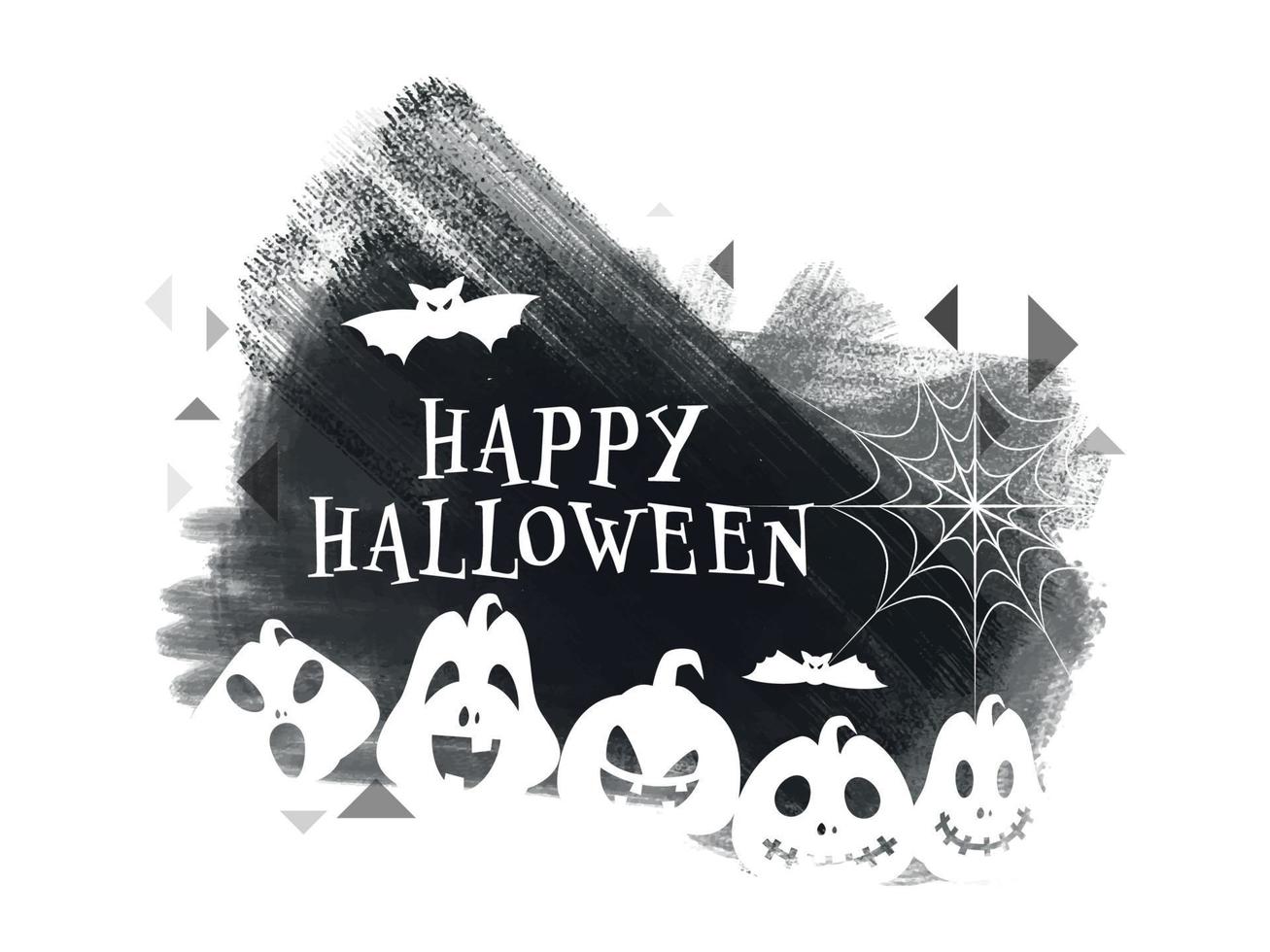 Lycklig halloween text med läskigt pumpor, Spindel webb, flygande fladdermöss och svart borsta stroke på vit bakgrund. vektor