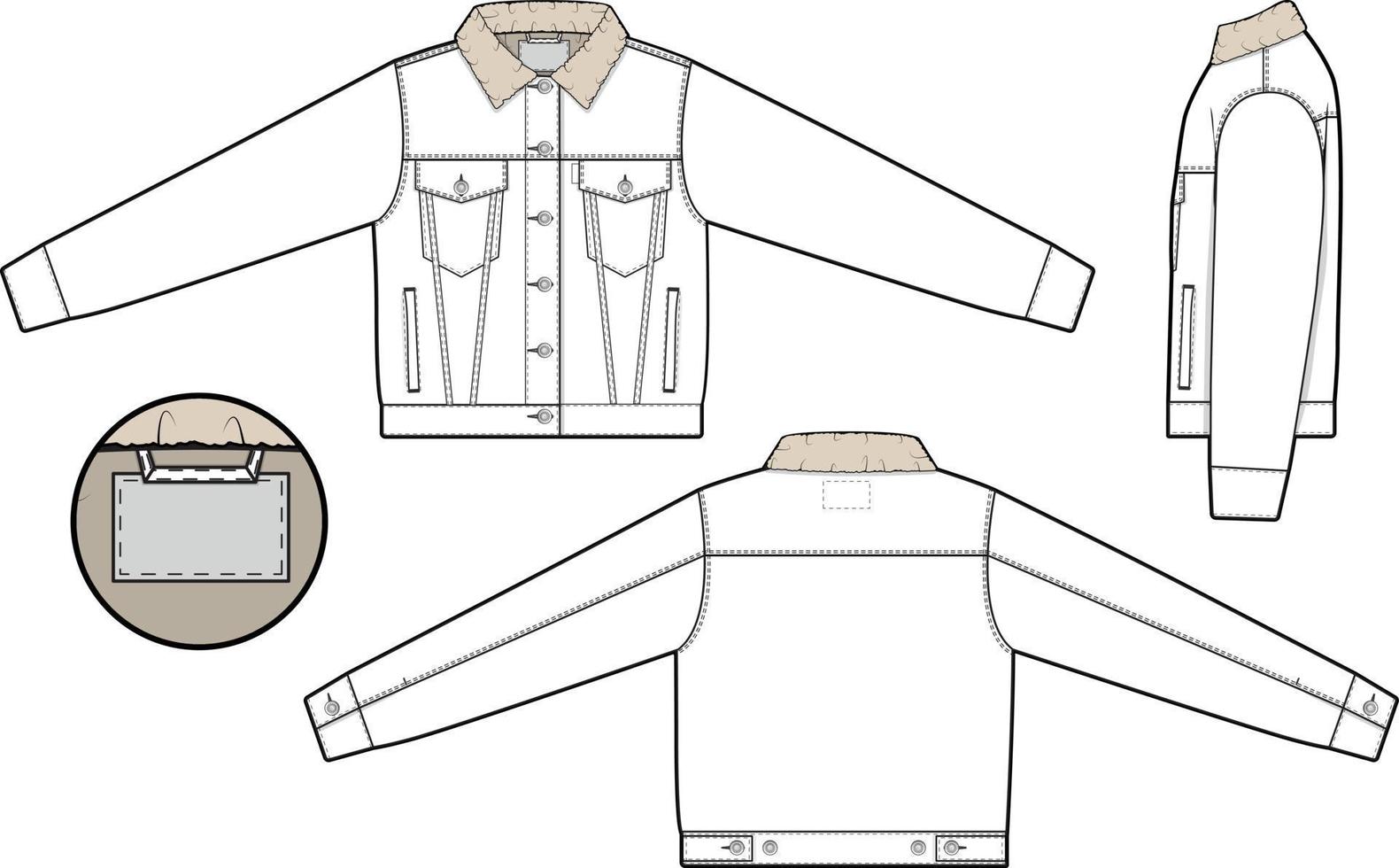 Frauen abgeschnitten Sherpa Denim Jacke Trucker Vektor eben technisch Zeichnung Illustration Attrappe, Lehrmodell, Simulation Vorlage zum Design und Technik Packungen Mode cad Strassenmode Mode Marke Design Ressource Datei schlank.