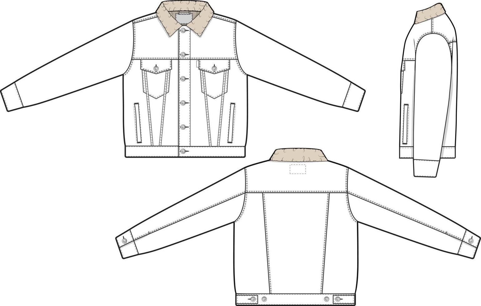 unisex Männer Sherpa Denim Jacke Trucker Vektor eben technisch Zeichnung Illustration Attrappe, Lehrmodell, Simulation Vorlage zum Design und Technik Packungen Mode cad Strassenmode Mode Marke Design Werkzeug Ressource Datei regulär fit.