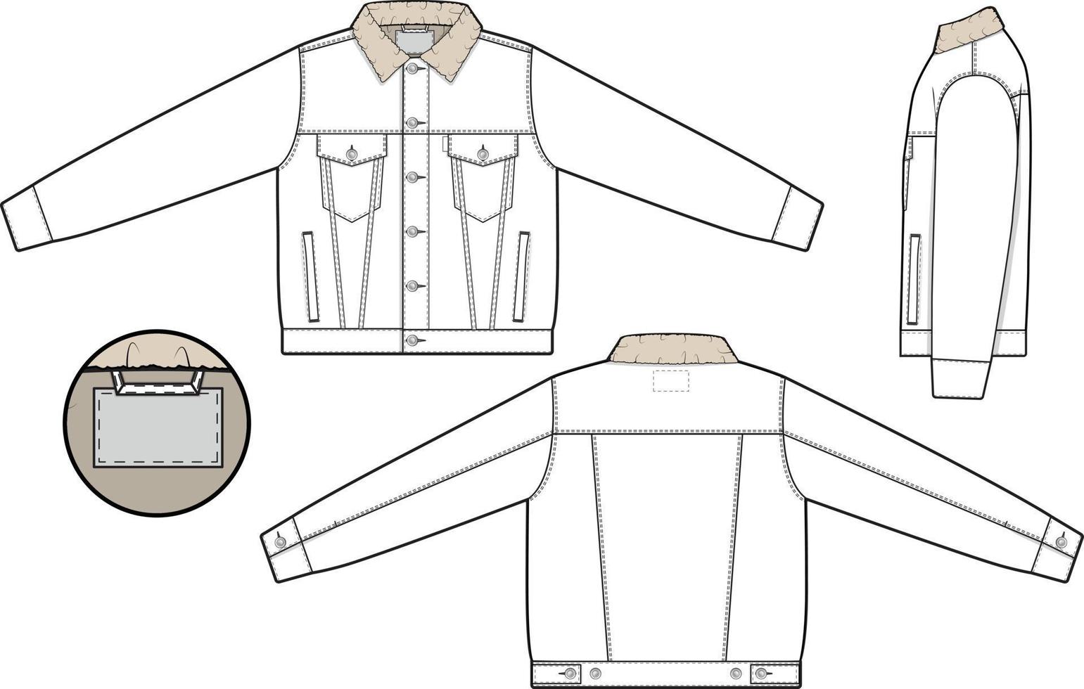 unisex Männer Sherpa Denim Jacke Trucker Vektor eben technisch Zeichnung Illustration Attrappe, Lehrmodell, Simulation Vorlage zum Design und Technik Packungen Mode cad Strassenmode Mode Marke Design Werkzeug Ressource Datei regulär fit.