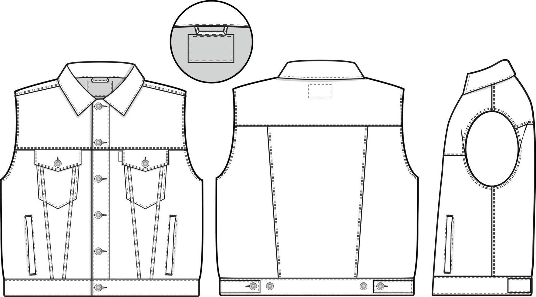 män unisex- överdimensionerad denim jean jacka väst avstängning ärmlös krage platt teknisk teckning illustration tom mock-up mall för design och tech förpackningar cad teknisk skiss streetwear vektor