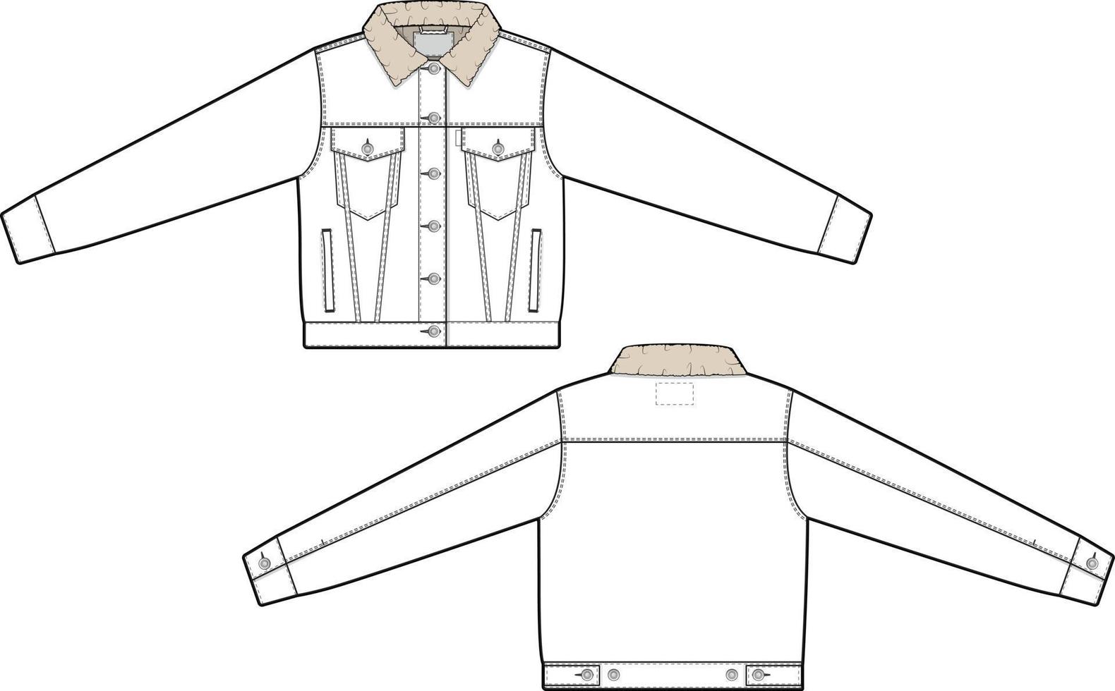 Frauen abgeschnitten Sherpa Denim Jacke Trucker Vektor eben technisch Zeichnung Illustration Attrappe, Lehrmodell, Simulation Vorlage zum Design und Technik Packungen Mode cad Strassenmode Mode Marke Design Ressource Datei schlank.