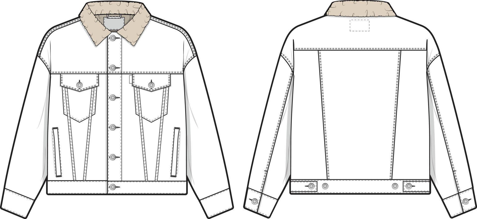 unisex Männer Sherpa Denim Jacke Trucker Vektor eben technisch Zeichnung Illustration Attrappe, Lehrmodell, Simulation Vorlage zum Design und Technik Packungen Mode cad Strassenmode Mode Marke Design Werkzeug Ressource Datei regulär fit.