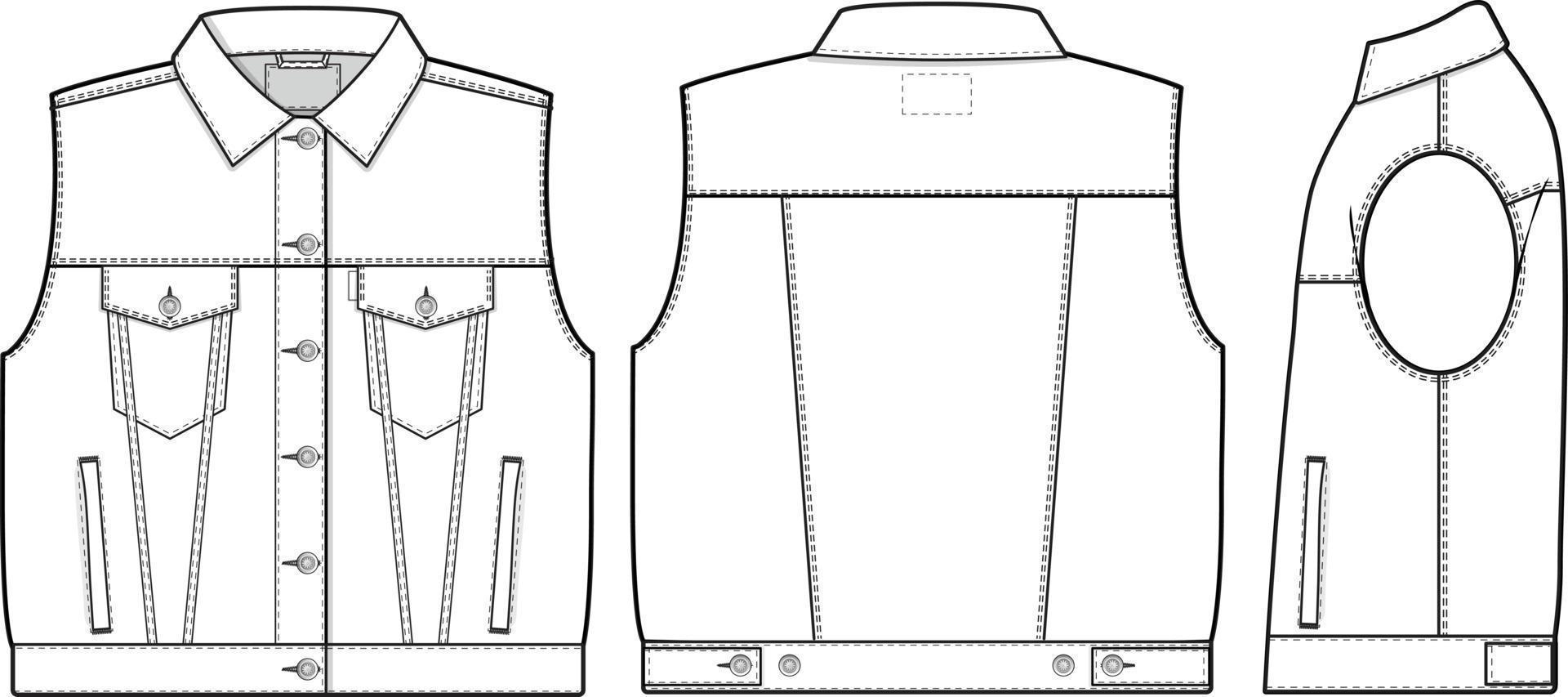 Frauen übergroß Denim Jean Jacke Weste Abschneiden ärmellos Halsband eben technisch Zeichnung Illustration leer Attrappe, Lehrmodell, Simulation Vorlage zum Design und Technik Packungen cad technisch skizzieren Strassenmode vektor