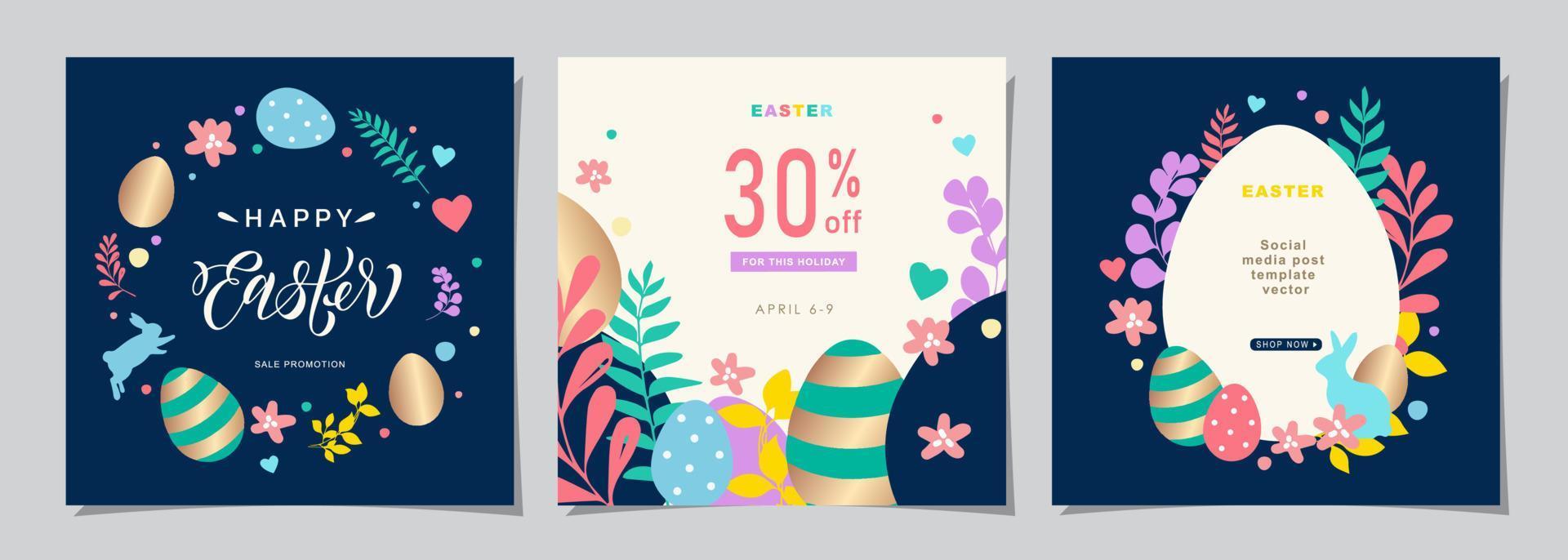 glücklich Ostern einstellen von Verkauf Banner, Sozial Medien, Gruß Karten, Poster, Urlaub Abdeckungen. modisch Design mit Typografie, Hand gemalt Pflanzen, Eier und Hase, im Pastell- Farben. Banner Hintergrund. vektor