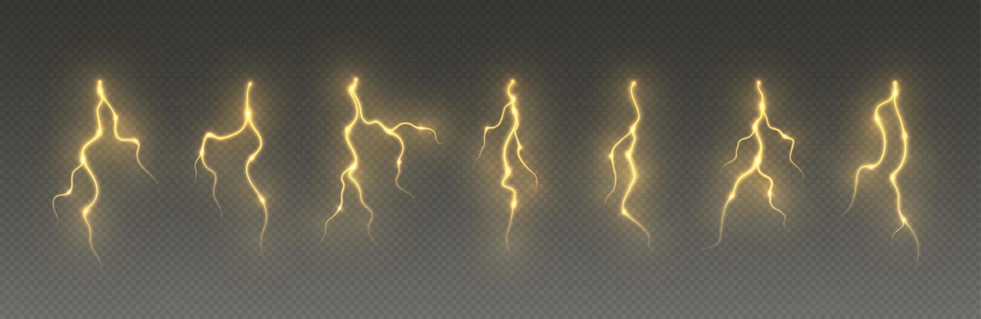 Gewitter Blitz, Blitz schlagen, realistisch elektrisch Reißverschluss, Energie Blitz Licht Wirkung, Gelb Blitz Bolzen vektor