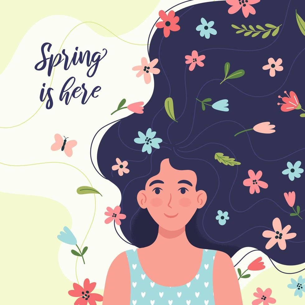 Frühling Gruß Karte oder Postkarte Vorlage mit schön Frau und Blumen. schön süß Illustration zum 8 Marsch, Damen Tag Feier. vektor