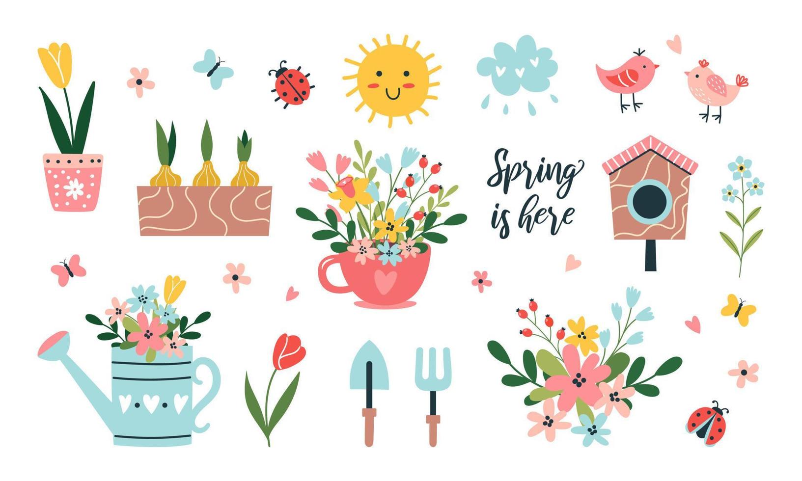 Frühling einstellen von Hand gezeichnet Elemente. Blumen, Vogel, Bewässerung dürfen, Zitate, Dekorationen. geeignet zum Scrapbooking, Gruß Karte, Party Einladung, Poster, Schild, Aufkleber Satz. Vektor Illustration.