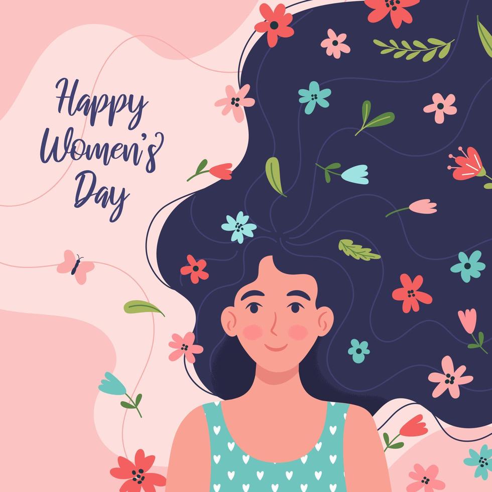 Lycklig kvinnors dag. hälsning kort, affisch, mall. härlig kvinna med vår blommor i hår. vektor illustration för de firande av Mars 8.