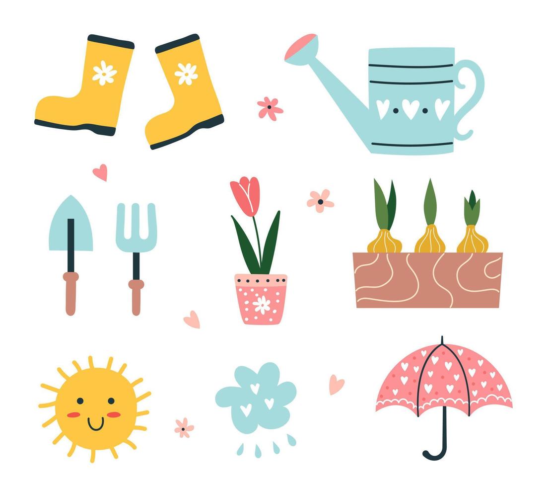 Frühling einstellen von Hand gezeichnet Elemente. Gelb Gummi Stiefel, Sonne, Bewässerung dürfen, Regenschirm, Blumen. geeignet zum Scrapbooking, Gruß Karte, Poster, Schild, Aufkleber Satz. Vektor Illustration.