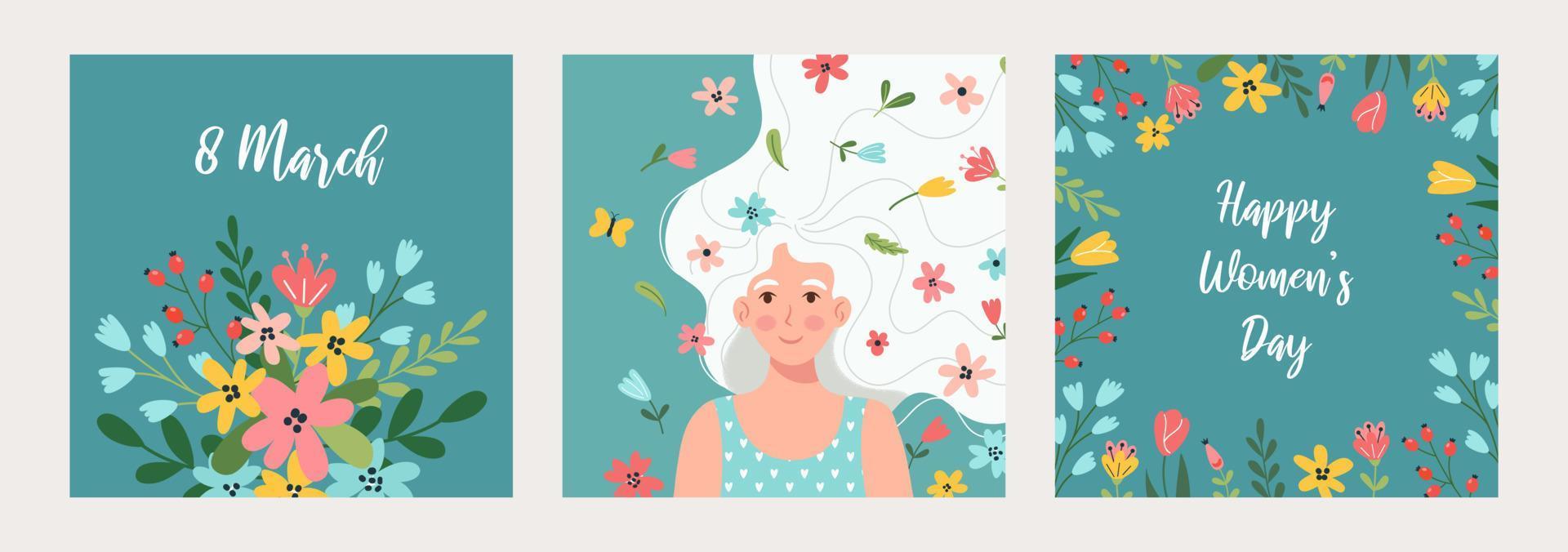 Lycklig kvinnors dag. samling av hälsning kort, affischer, mallar. skön kvinna med blommor i hår, blommig bakgrund med vår blommor. vektor