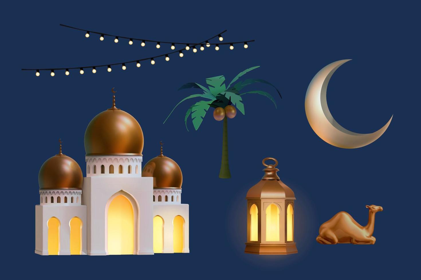 3d Objekt Sammlung zum islamisch Urlaub Dekoration. kulturell Elemente isoliert auf dunkel Blau Hintergrund. vektor
