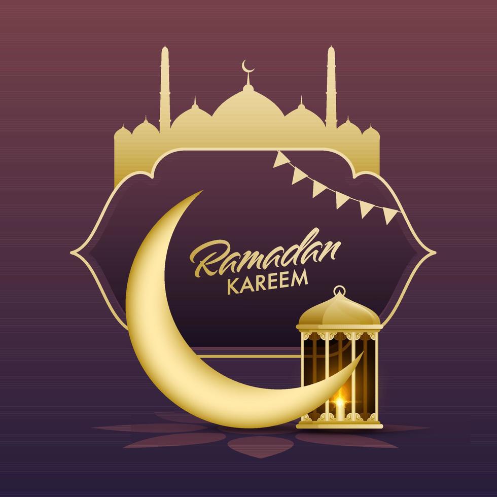 Ramadan kareem Schriftart im Arabisch Rahmen mit Silhouette Moschee, 3d Halbmond Mond und beleuchtet Laterne auf Gradient lila Hintergrund. vektor