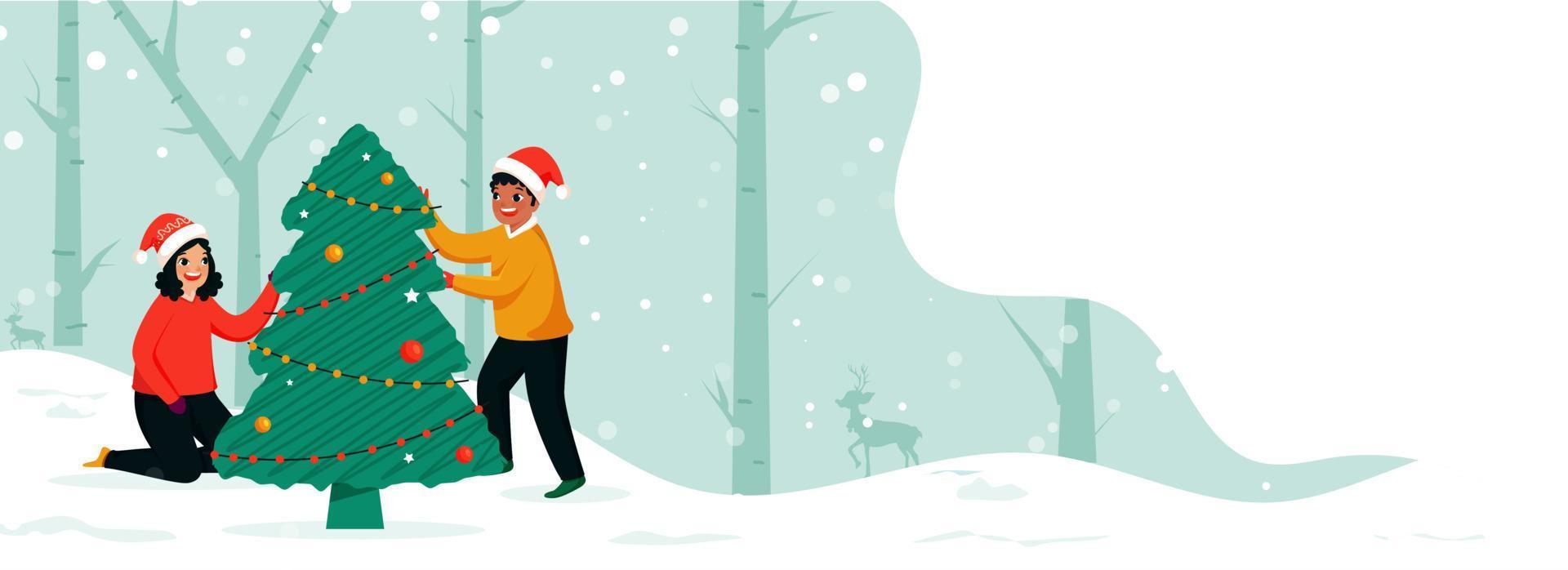 lycka pojke och flicka dekorerad xmas träd tillsammans på snöfall skog bakgrund för jul festival. vektor