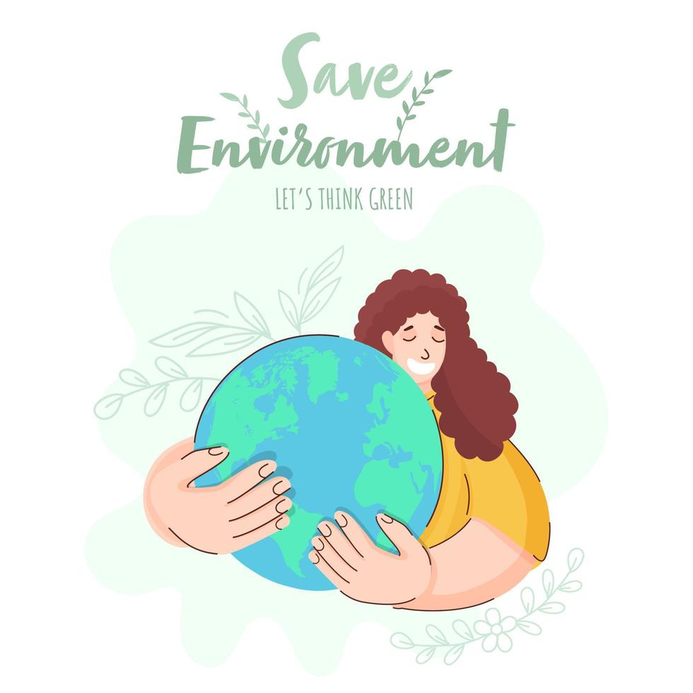 Illustration von heiter jung Mädchen halten ein Erde Globus auf Weiß Hintergrund zum speichern Umfeld, Lasst uns denken grün. vektor