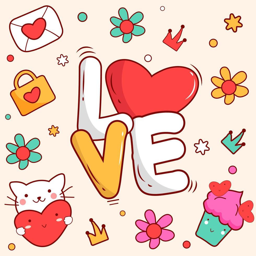 klotter stil kärlek text med hjärta, kuvert, handväska, krona, muffin och söt katt på bakgrund. vektor