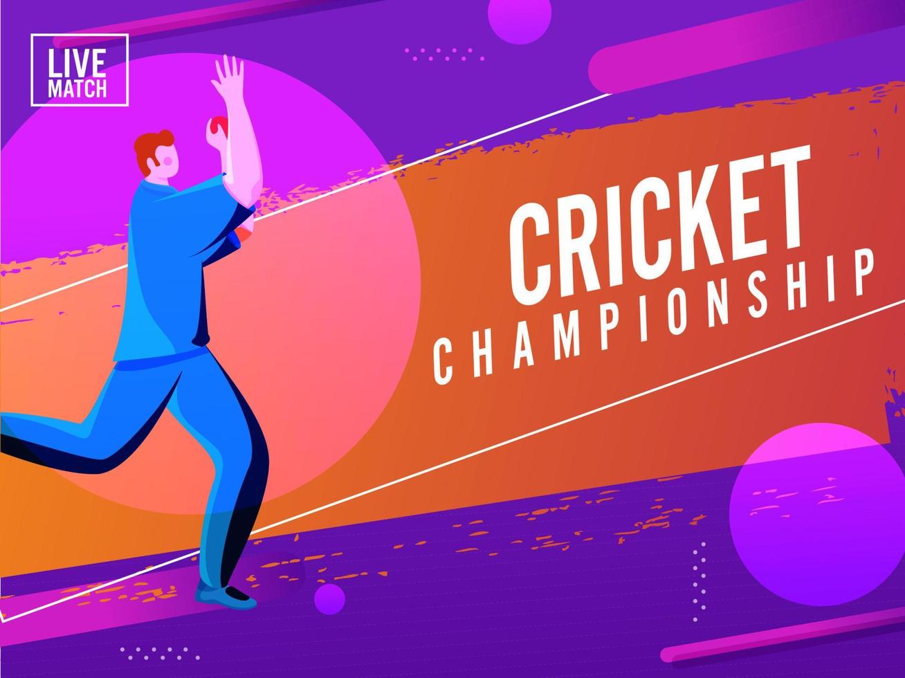 cricket mästerskap affisch design med tecknad serie kastare spelare och orange borsta strke på lila bakgrund. vektor