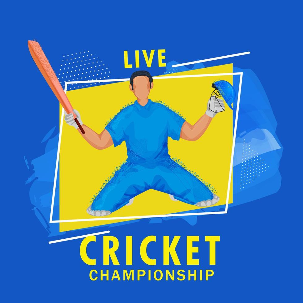 Leben Kricket Meisterschaft Poster Design mit Lärm bewirken Karikatur Schlagmann im gewinnen Pose auf Gelb und Blau Bürste Schlaganfall Hintergrund. vektor