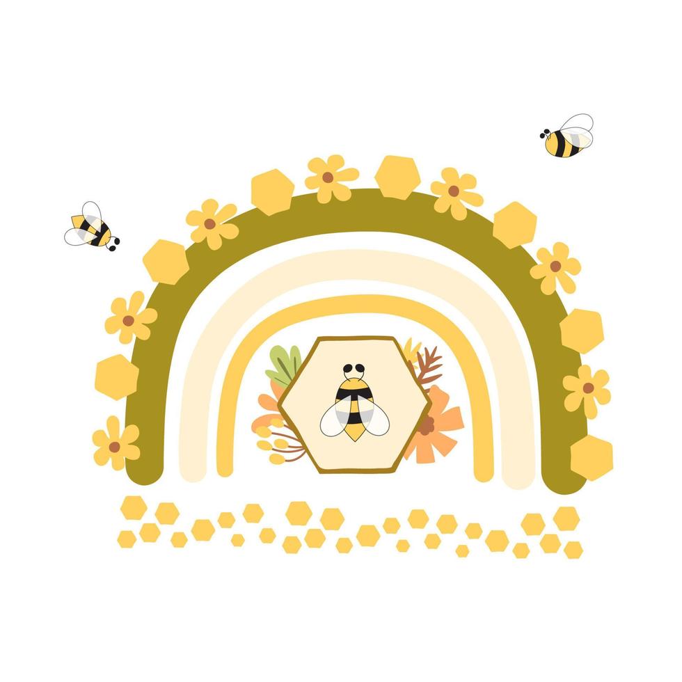 honung pott bi regnbåge element. honung burk, bi, ljuv honung biodling grafisk element isolerat. söt bi honung organisk logotyp. vektor illustration. sommar bi regnbåge design, bebis skriva ut gul regnbåge