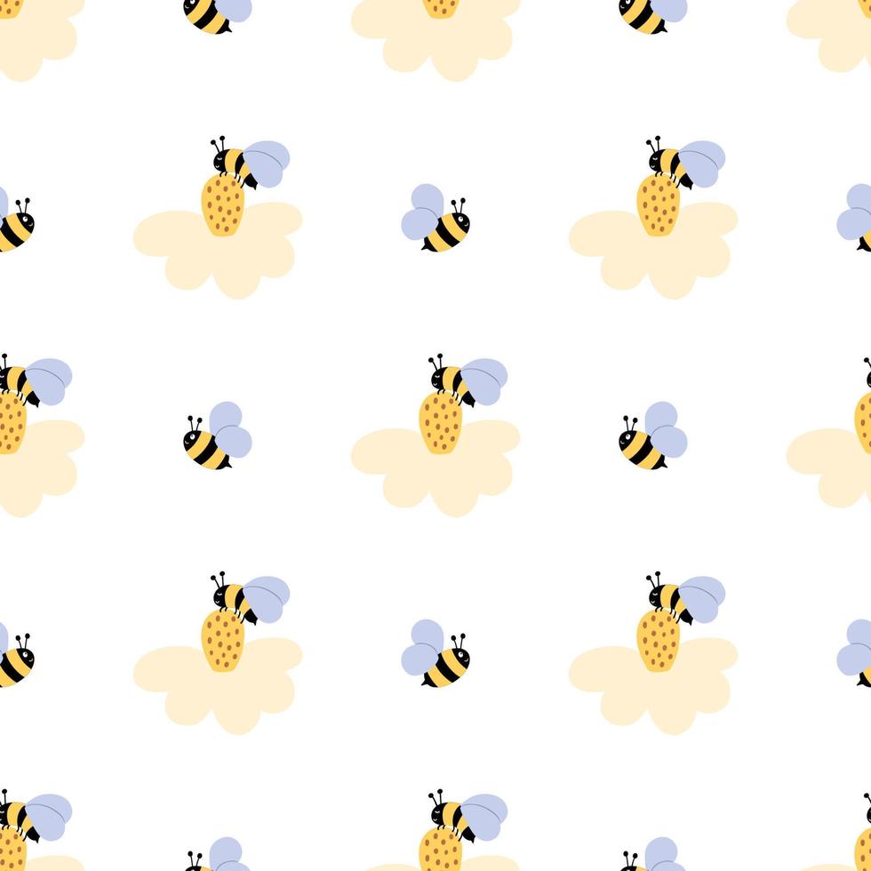 Biene Blume Muster. süß Honig Biene auf Blume, Wiese Blumen- nahtlos Muster. süß Karikatur fliegend Bienen Sommer- Hintergrund. Vektor Illustration. süß Blumen- Muster. Honig Hummel kindisch Design.